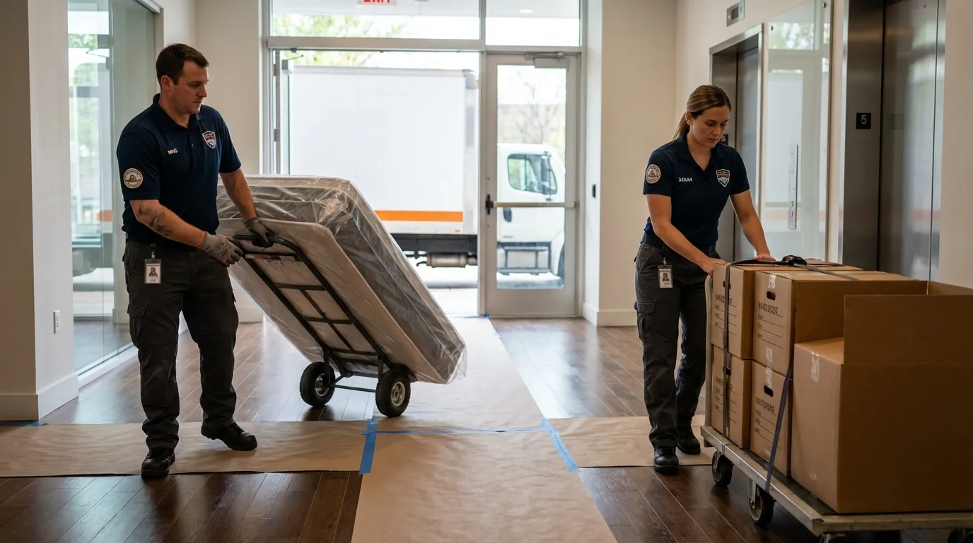 Professional apartment movers loading elevator in Jonestown, MS